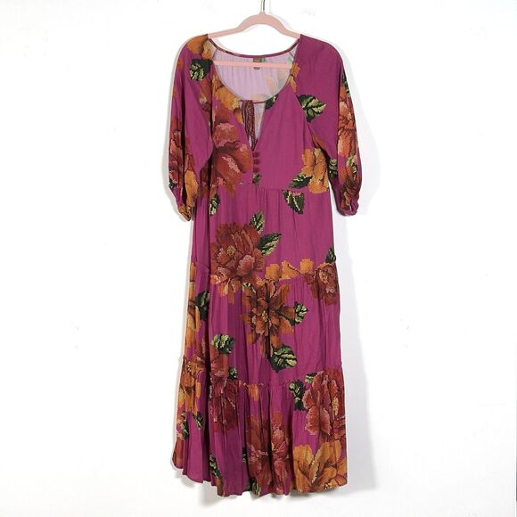 Farm Rio Tiered Midi Dress Womens Sz P (Small) Pink Floral Puff Sleeve - Picture 2 of 11